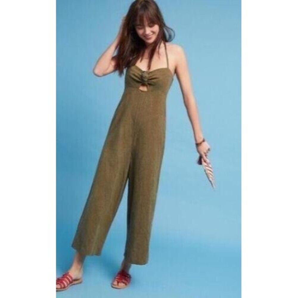 elevenses Olive Green Halter Jumpsuit with Front Twist